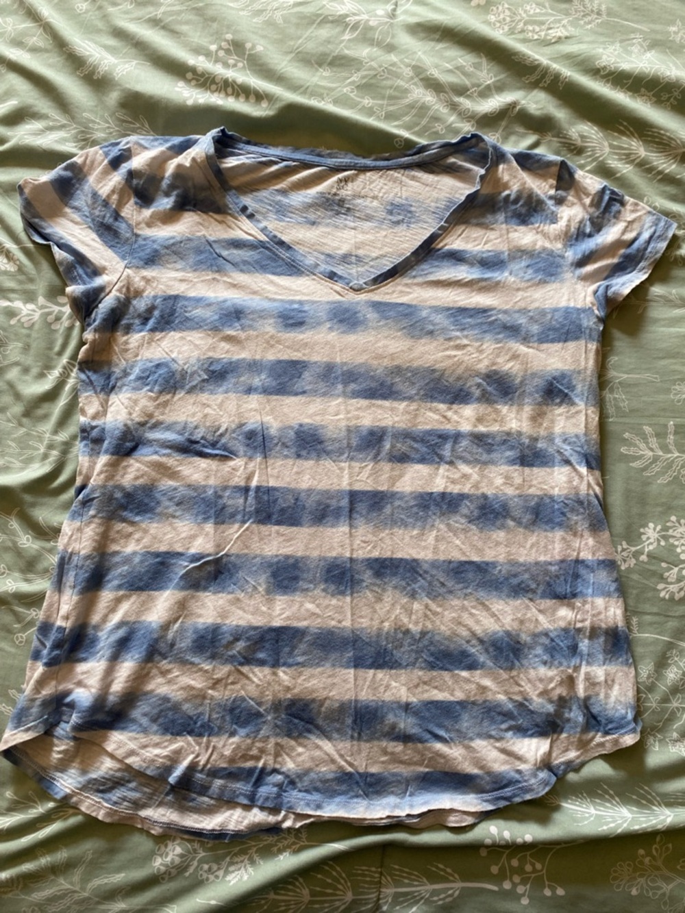 New York & Company Blue and White Striped V-Neck Tee